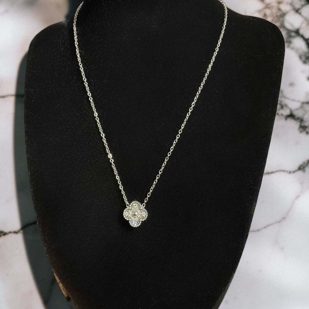 Sparkly CZ 18K White Gold Over Stainless Steel Clover Pendant Necklace